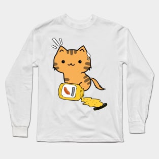 Cute Orange Cat Spilled a jar of mustard sauce Long Sleeve T-Shirt